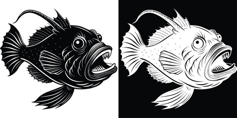 Fierce anglerfish with sharp teeth and glowing lure, ready to strike in deep ocean abyss