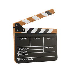 Obraz premium 3D rendered movie clapperboard isolated on white background, perfect for film, cinema, video production, and creative media design projects.
