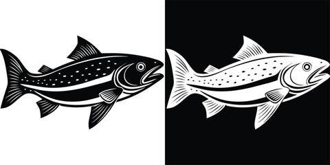 Dynamic twin fish illustrations in striking black and white contrast, perfect for aquatic themes