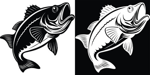 Dynamic leaping bass fish graphic design, perfect for sports logos, apparel, and outdoor branding campaigns.