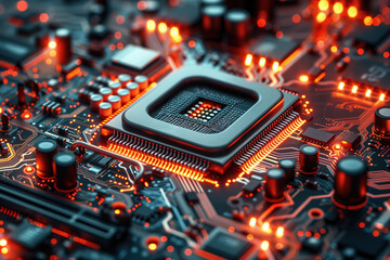Advanced processor chip central to glowing circuit board emphasizes future digital technology connection powering innovation and highperformance computing system