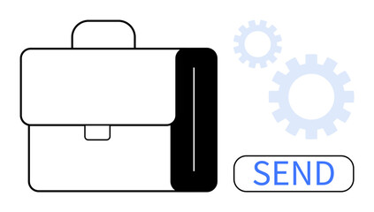 Briefcase, two gears, and SEND button symbolizing business process, teamwork, and digital communication. Ideal for business, productivity, project management automation workflow innovation. Simple