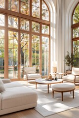 Obraz premium Modern living room overlooking autumn trees through large windows