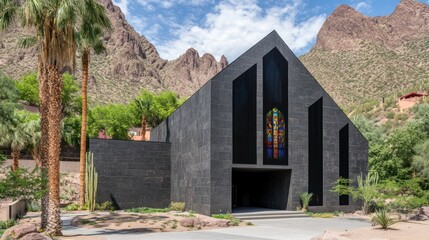 Contrasting architecture, dark chapel against desert landscape with rugged mountains and bright
