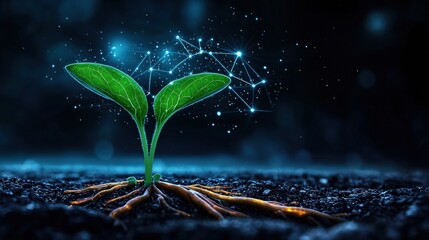 A Beautiful Green Sprouting Plant Emerging from Dark Soil and Glowing with Vitality, Illuminating the Natural World Around It