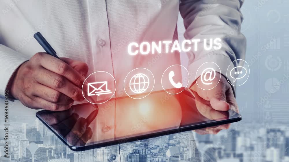 Poster ui concept for contact us section showing icons for email, web, phone, and message. contact and supp