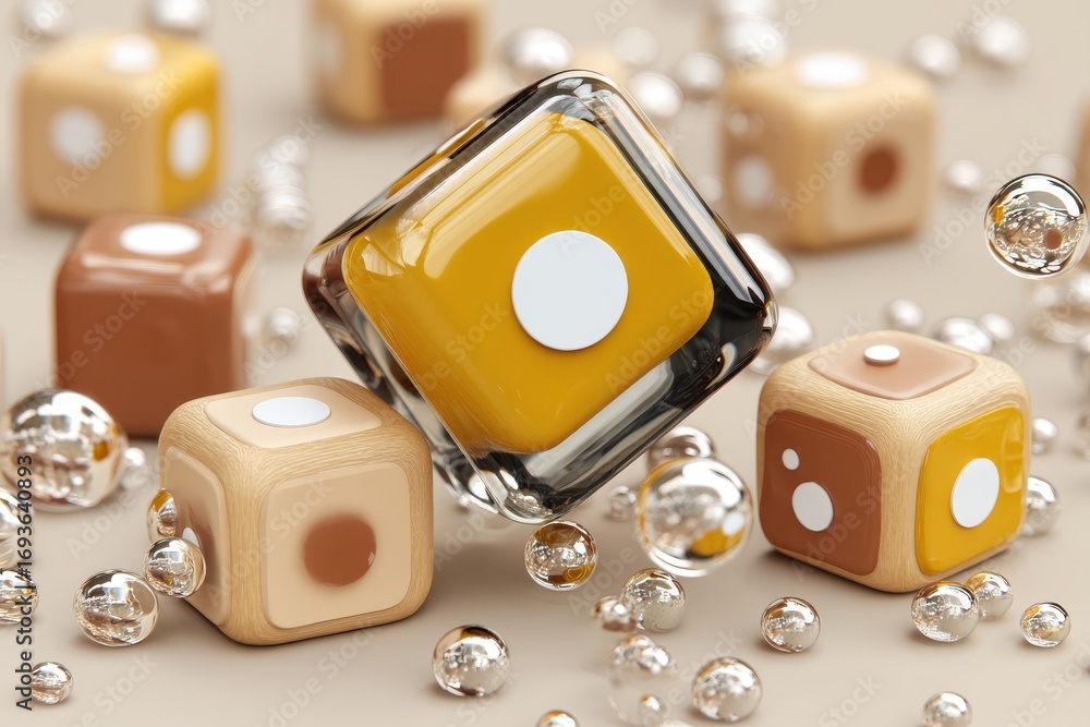 Poster colorful, artistic dice and bubbles create a playful composition, blending textures and shapes in a 
