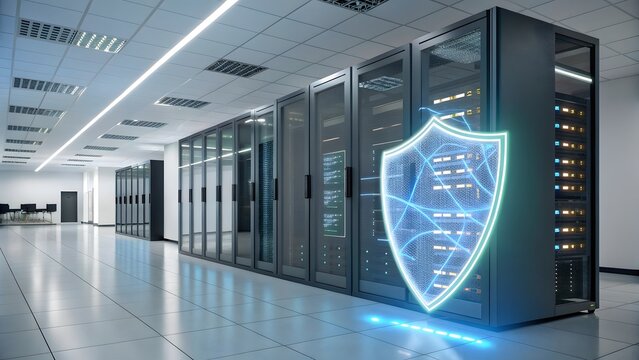 Modern Data Center with Digital Security Shield Concept Visualization