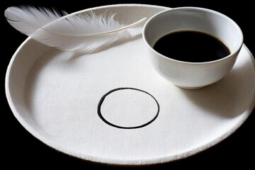 Minimalist Composition with Bowl, Circle, Feather, and Black Surface