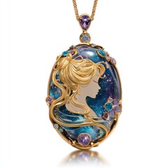Oval pendant, gold, profile, woman, gems, floral