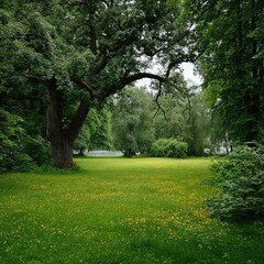 Naklejka premium Lush parkland, trees, meadow