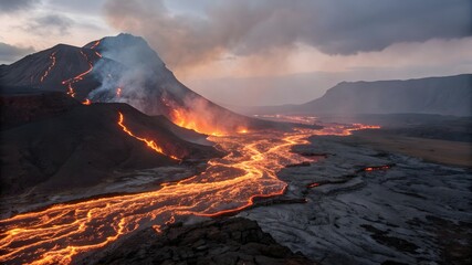 Majestic Volcanic Eruption with Lava Flowing Across the Landscape