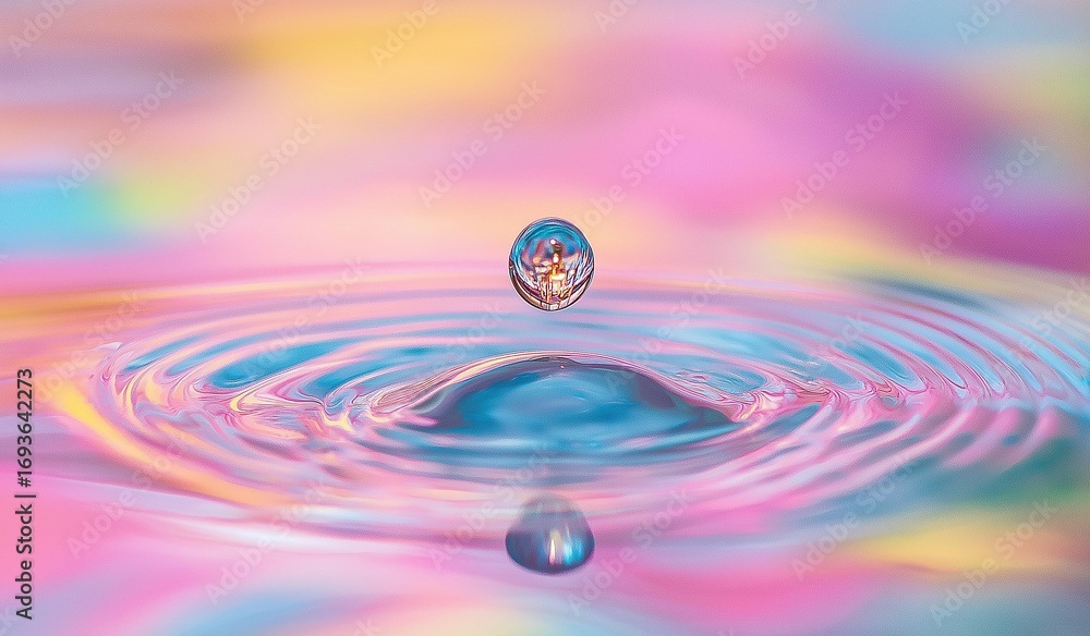 Poster water droplet falling into colorful pastel-colored liquid, creating ripples and reflections for an a