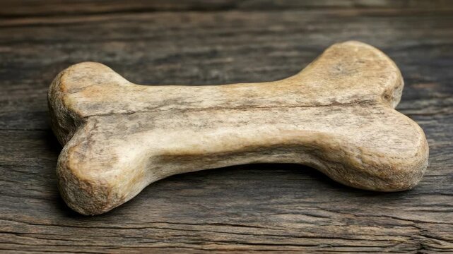 Single, weathered dog bone lying on wooden surface