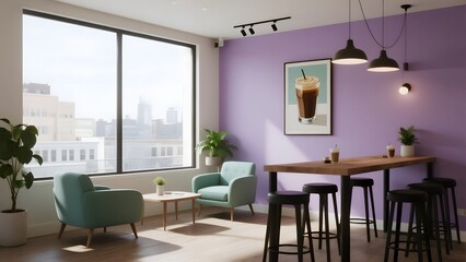 Modern cafe interior with purple walls, comfortable seating, and a long wooden table with stools, offering a bright and inviting atmosphere with city views from large windows