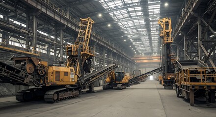 Vast industrial factory interior showcasing a lineup of heavy-duty mobile crushing and screening machinery