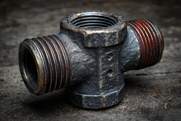 Dark, weathered four-way pipe fitting