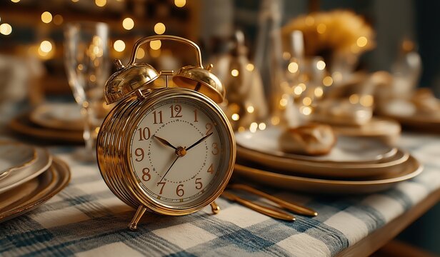 golden alarm clock placed on dining table ready to sound at midnight for New Year's Eve dinner, beautifully set festive meal with plates and cutlery creating anticipation as family gathers in festive