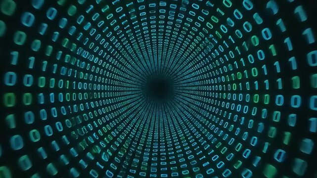 Abstract digital tunnel of glowing binary code flowing into darkness, representing data and technology.