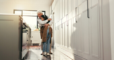 Hug, reunion and senior woman in kitchen with child, happy family and support for school holiday. Love, relax and people in home with learning, bonding and baking in retirement for education.