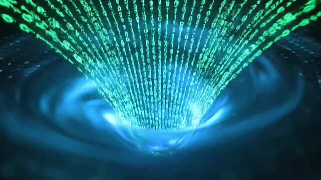 Digital stream of binary code flows into a swirling vortex of blue light, representing data transfer and technology. - Powered by Adobe