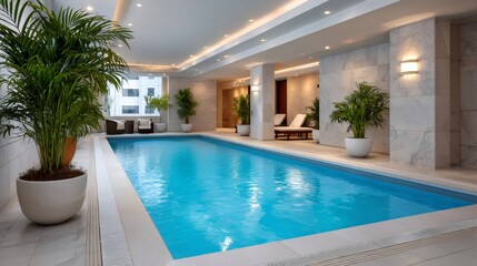 Indoor swimming pool with blue water, surrounded by potted plants and deck chairs