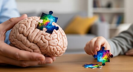 Adult and child hands piece together a colorful jigsaw puzzle on a brain model, symbolizing childhood development and mental health