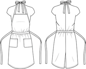 Apron dress flat sketch, front and back view, technical vector drawing, fashion design template, cad illustration, clothing design outline
