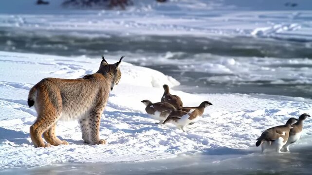Lynx hunting ptarmigans in snowy Arctic landscape. Predator hunting bird in winter. Lynx, birds, snow, and arctic environment in focus.
