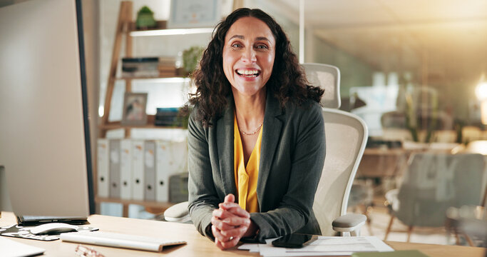Computer, smile and portrait with business woman in office for research, credit risk analyst or planning. Happy, client application and underwriter feedback with person as life insurance agent