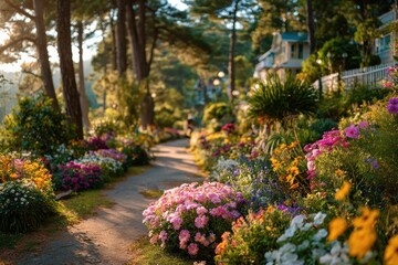 Fototapeta premium Vibrant Pathway Surrounded by Colorful Flowers at Sunset in a Serene Garden Setting with Lush Greenery and Charming Homes Alongside