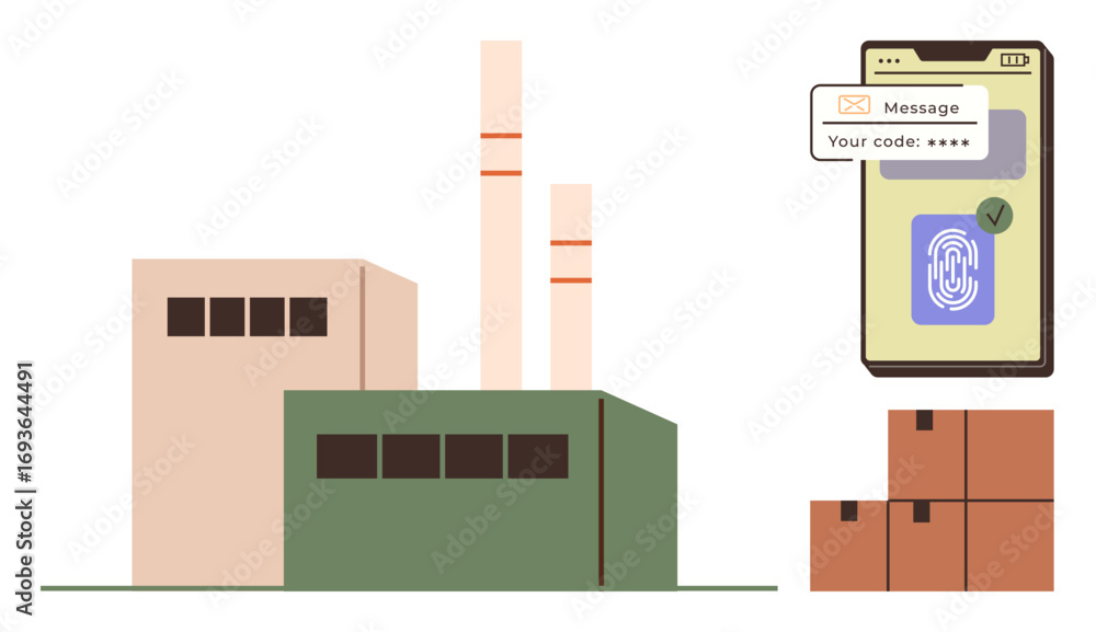 Poster factory building with chimneys, shipping boxes near, fingerprint and verification code on smartphone