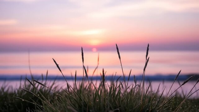 A blurred seascape shows a sunset behind dewy grass. Silhouettes of reeds and blades of grass dot the foreground