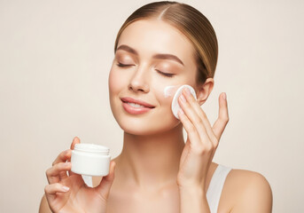 Young woman applying moisturizer cream to her face with a cotton pad