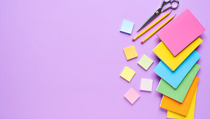 Flat Lay of Colorful Sticky Notes and Stationery on a Lavender Purple Background