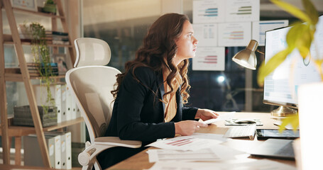 Business, night and woman with computer, stress and financial agency with inflation. Evening,...
