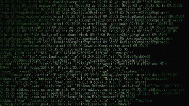 Green terminal screen displaying system processes, network connections, and command-line operations. Cybersecurity monitoring interface with technical data streams and coding environment.
