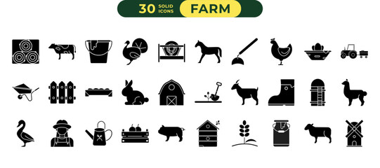 Livestock Farming Solid Icon Set   Vector Graphic   Agriculture, Barn, Hay Bale, Cattle, Poultry, Sheep, Pig, Goat, Horse, Tools, Feeding, Rural Life, Animal Husbandry, Farm Management © Nurul Faradisa
