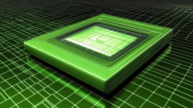 Green futuristic technology device presented on digital grid background with intricate details and - Powered by Adobe