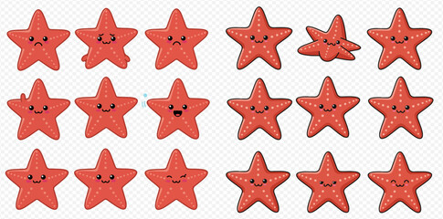 A vibrant collection of cute red cartoon starfish characters showcasing diverse facial expressions.