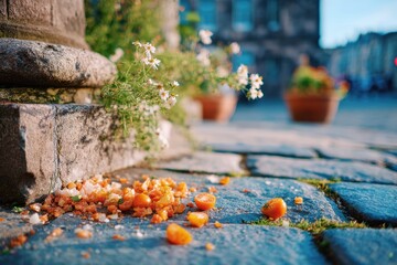 Vibrant Scene of Colorful Food Scraps on Cobblestone Street Surrounded by Blooming Flowers and Potted Plants in a Historic Urban Setting