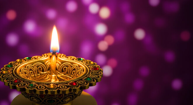 A golden diya with a bright flame against a blurred purple and pink bokeh background for diwali festival