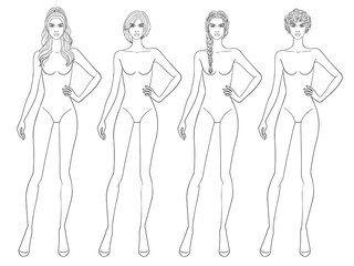 Fashion outline sketch croquis figurines female body with hand on hip different hairs in vector.