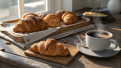 Freshly Baked Croissants with Coffee on a Wooden Table