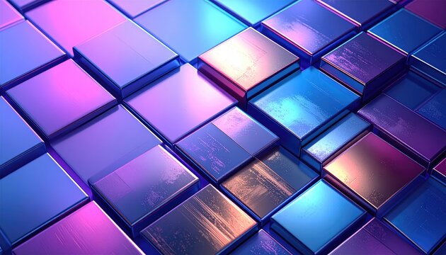 Abstract, colorful, 3D grid of overlapping, glossy cubes with subtle textural details