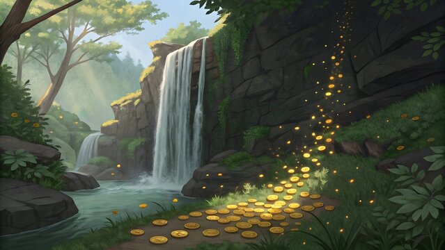 Magical Forest Stream with Golden Coins and Waterfalls at Sunrise