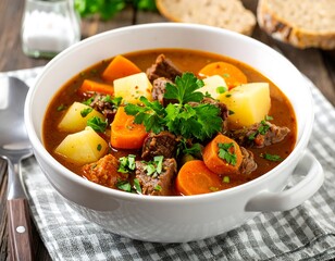 Hearty beef stew in a white bowl