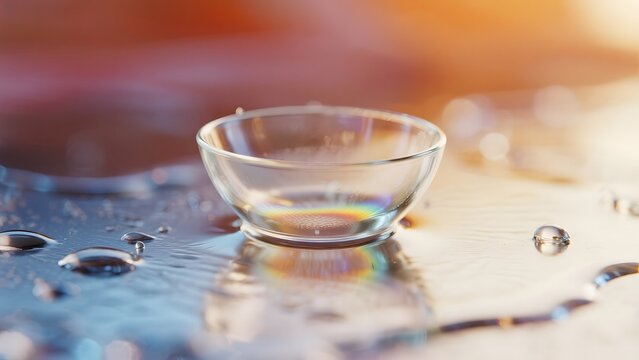 A clear contact lens rests on a wet, reflective surface, catching the light with a rainbow of colors, symbolizing vision and eye care - Powered by Adobe