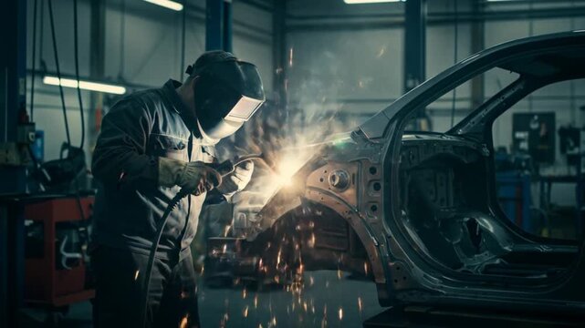 Worker welding metal car body part