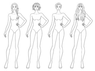 Fashion outline sketch croquis figurines female body with hand on hip different hairs in vector.